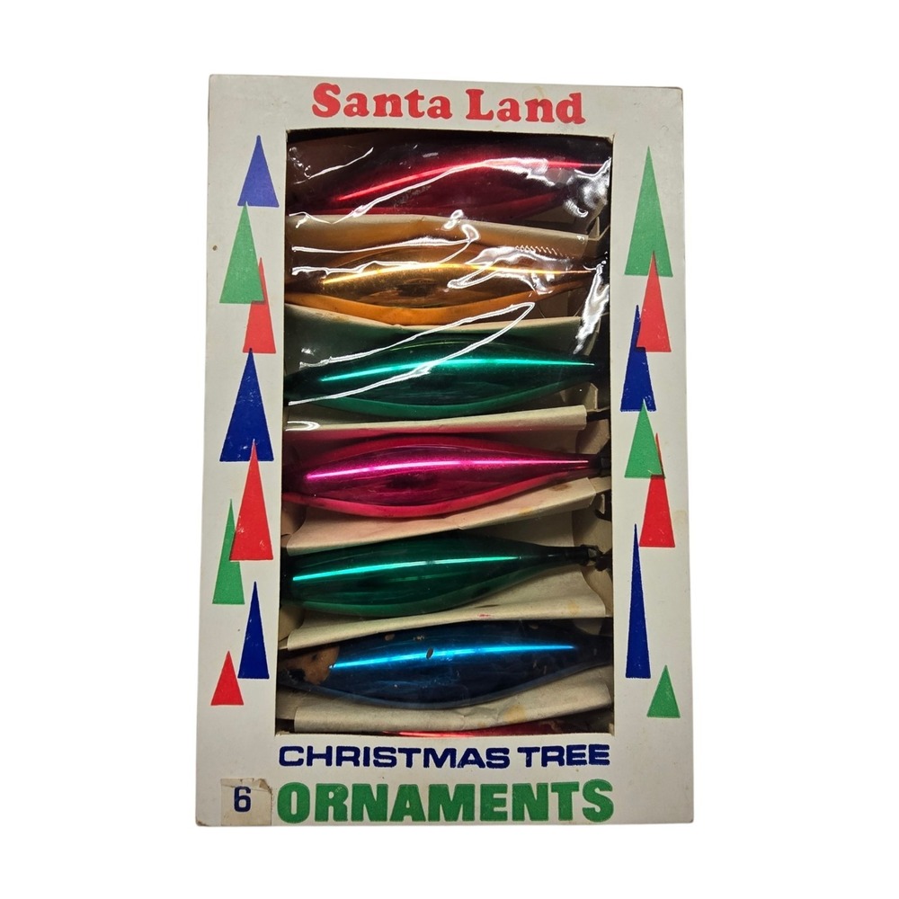 Vintage Santa Land Tapered Glass Ornaments 7 Original Box Christmas Decor Multi